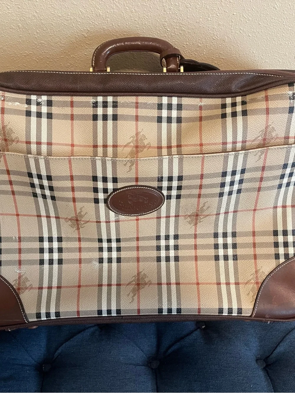 Burberry Beige/Tan Plaid Leather Trim Travel Briefcase